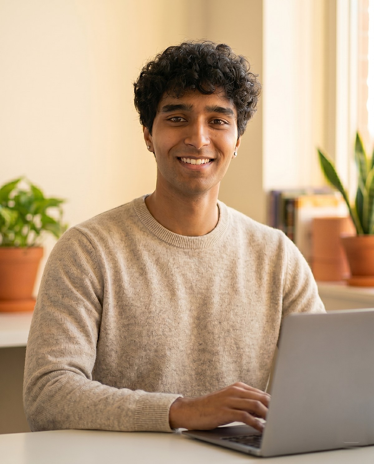Suraj Swaminathan, a friendly AI tutor, smiling at a sunlit desk